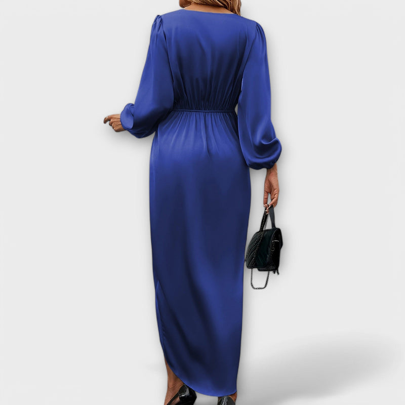 Formal Dress with Waist Tie and W neckline in Surplice Style