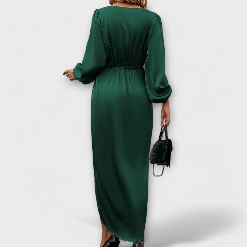 Formal Dress with Waist Tie and W neckline in Surplice Style